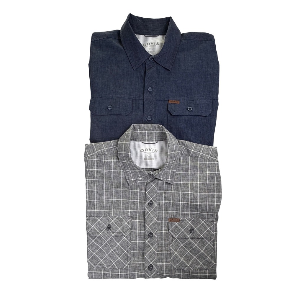 Orvis Mens Short Sleeve Button Down‎ Shirt Lot of 2 Navy Blue Grey Plaid Size M